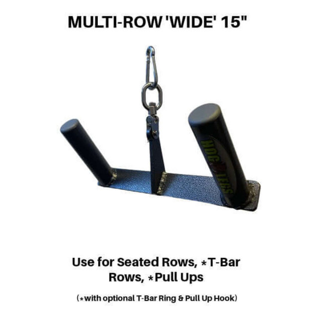 The USA-made HOG LEGS 'Back Pac' LEGIT set offers commercial-grade, black, multi-row gym attachments. Featuring FAT GRIP training angles with two grips and a metal chain, it is perfect for T-bar rows and pull-ups, making it ideal for versatile cable machine strength training sessions.