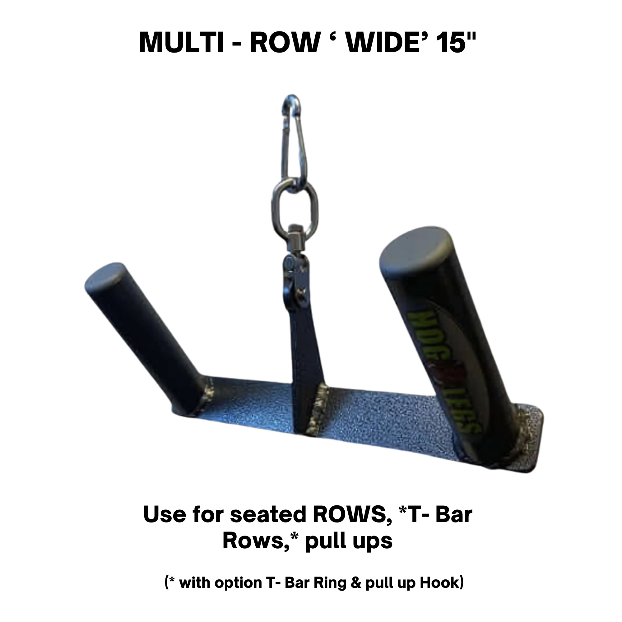 The HOG LEGS 'Back Pac' LEGIT Cable Machine Attachments Set features two black grip handles and a carabiner clip, perfect for T-bar row exercises and shown against a black background.