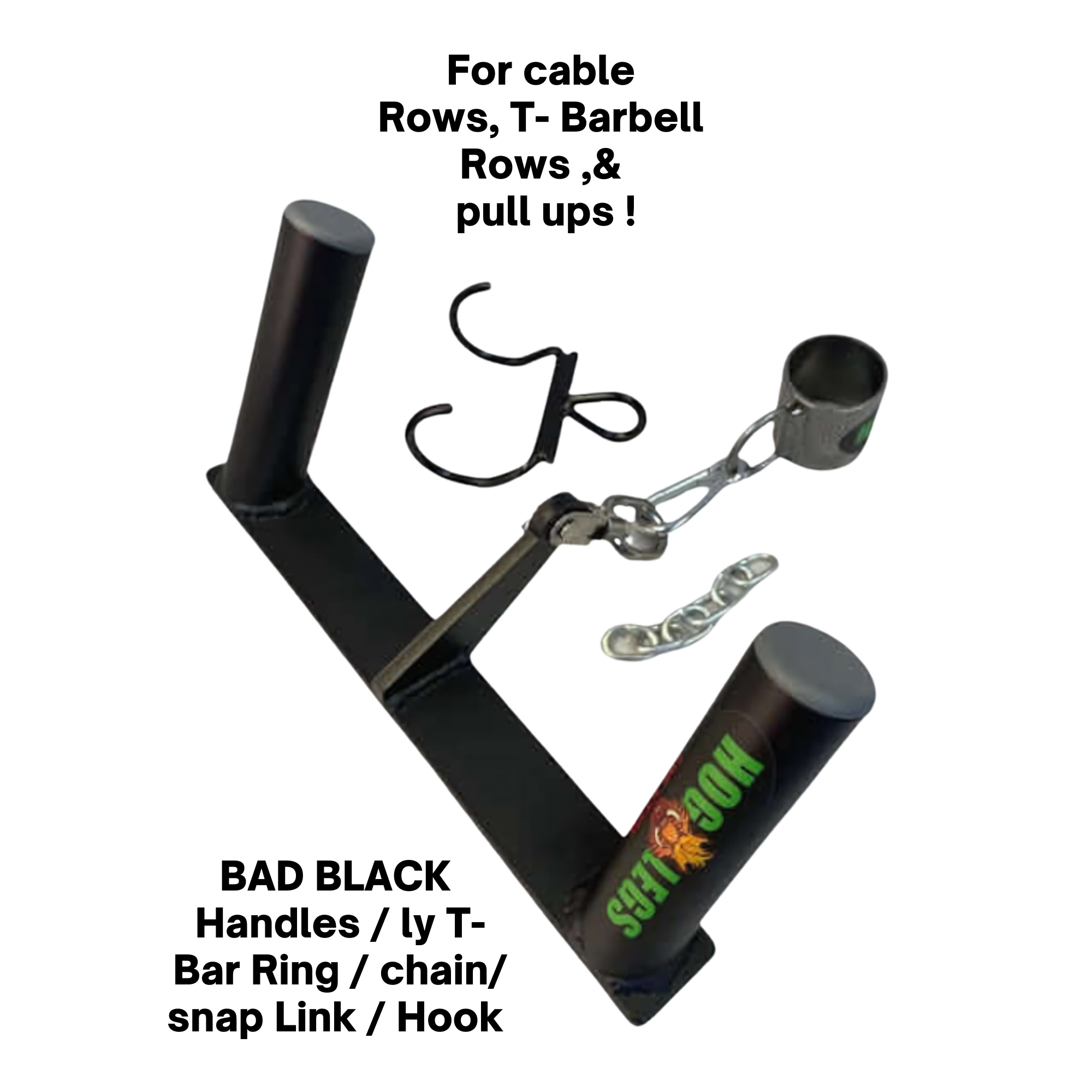The HOG LEGS 'Back Pac' LEGIT Cable Machine Attachments Set includes a black metal holder with two vertical rods and hooks, ideal for organizing cable machine attachments like a lat bar, tongs, or spatulas.