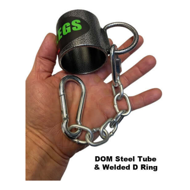 Holding a steel tube with a D-ring, chain, and carabiner: "DOM Steel Tube & Welded D Ring." Ideal for FAT GRIP Training Angles or USA Made Commercial Grade cable machine attachments. Product: HOG LEGS 'Back Pac' LEGIT Cable Machine Attachments Set.