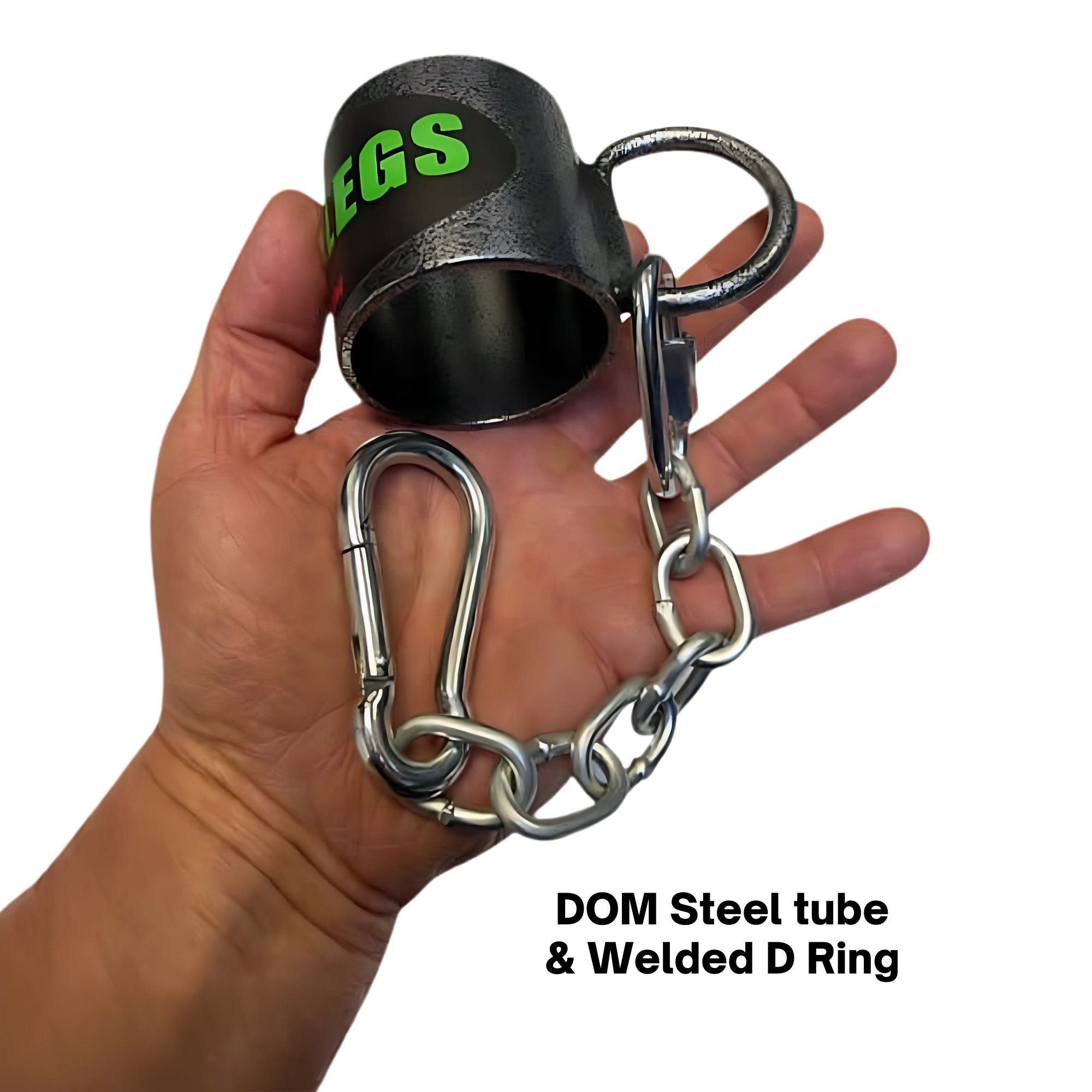 A hand holding the HOG LEGS 'Back Pac' LEGIT Cable Machine Attachments Set, featuring a metal cuff with chain and carabiner for versatile exercises on cable machines such as the lat bar or T-bar row.