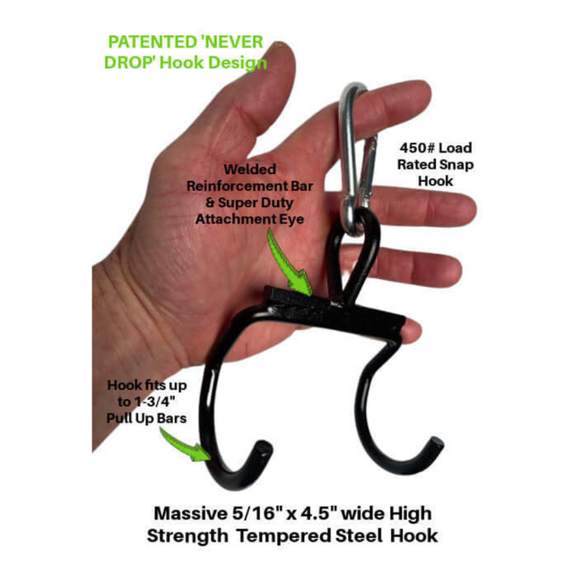 A hand grips a USA-made commercial-grade steel hook with a snap hook, featuring reinforcement and a "Never Drop" design—a perfect addition to your HOG LEGS 'Back Pac' LEGIT Cable Machine Attachments Set for enhanced security.