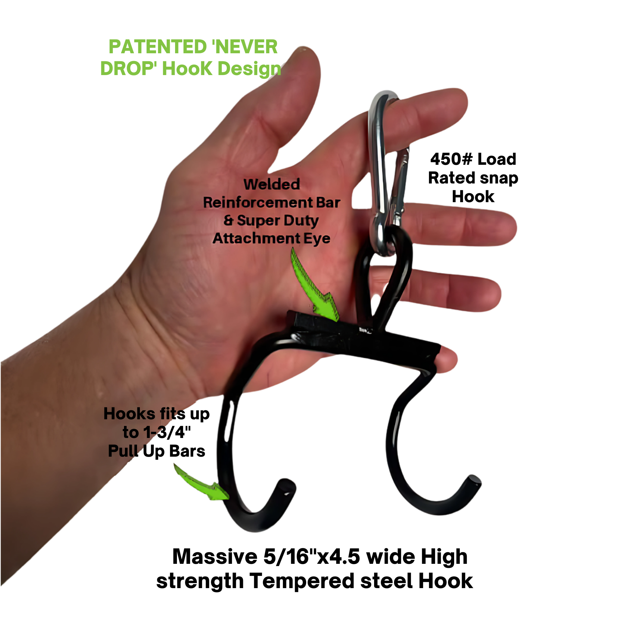 A hand holds the HOG LEGS 'Back Pac' LEGIT Cable Machine Attachments Set—a black metal hook with a carabiner, featuring labeled design elements—shown on a black background.
