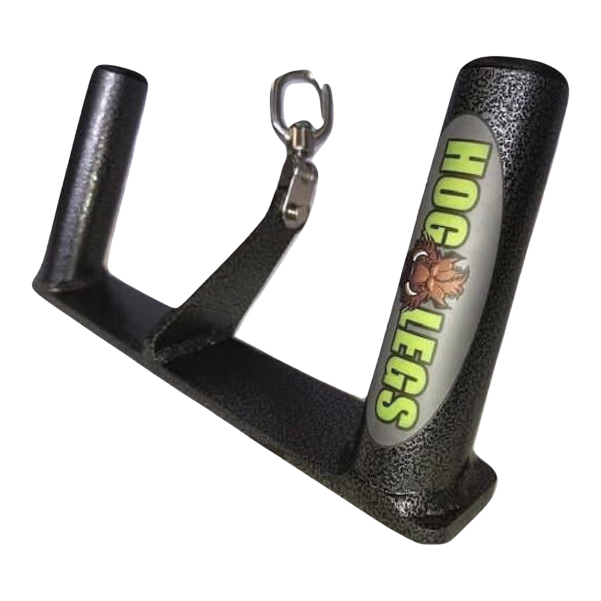 The HOG LEGS 'Back Pac' LEGIT Cable Machine Attachments Set features a black metal grip with "HOG LEGS" label and carabiner, ideal for cable machines, lat bars, or T-bar rows to enhance your gym and fitness workouts.