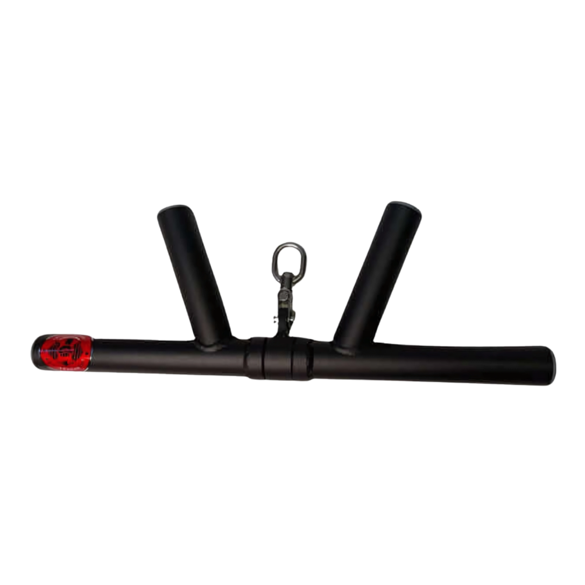 The HOG LEGS 'Boar Tusk' Fat Grip Curling Bar features two angled grips, a central clip, and a red end cap, ideal for triceps cable exercises and bicep workouts; shown isolated on white.