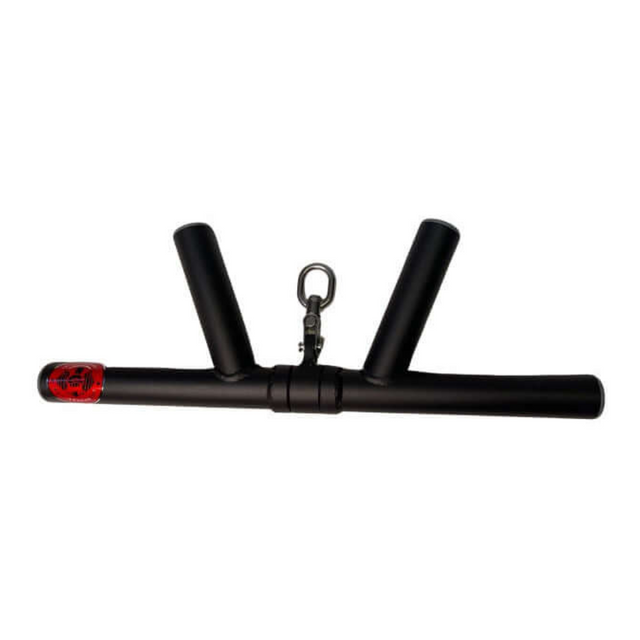 The HOG LEGS 'Boar Tusk' Fat Grip Curling Bar features a V-bar attachment with a swivel joint, perfect for targeting triceps and forearms, including a red sticker on one handle end.