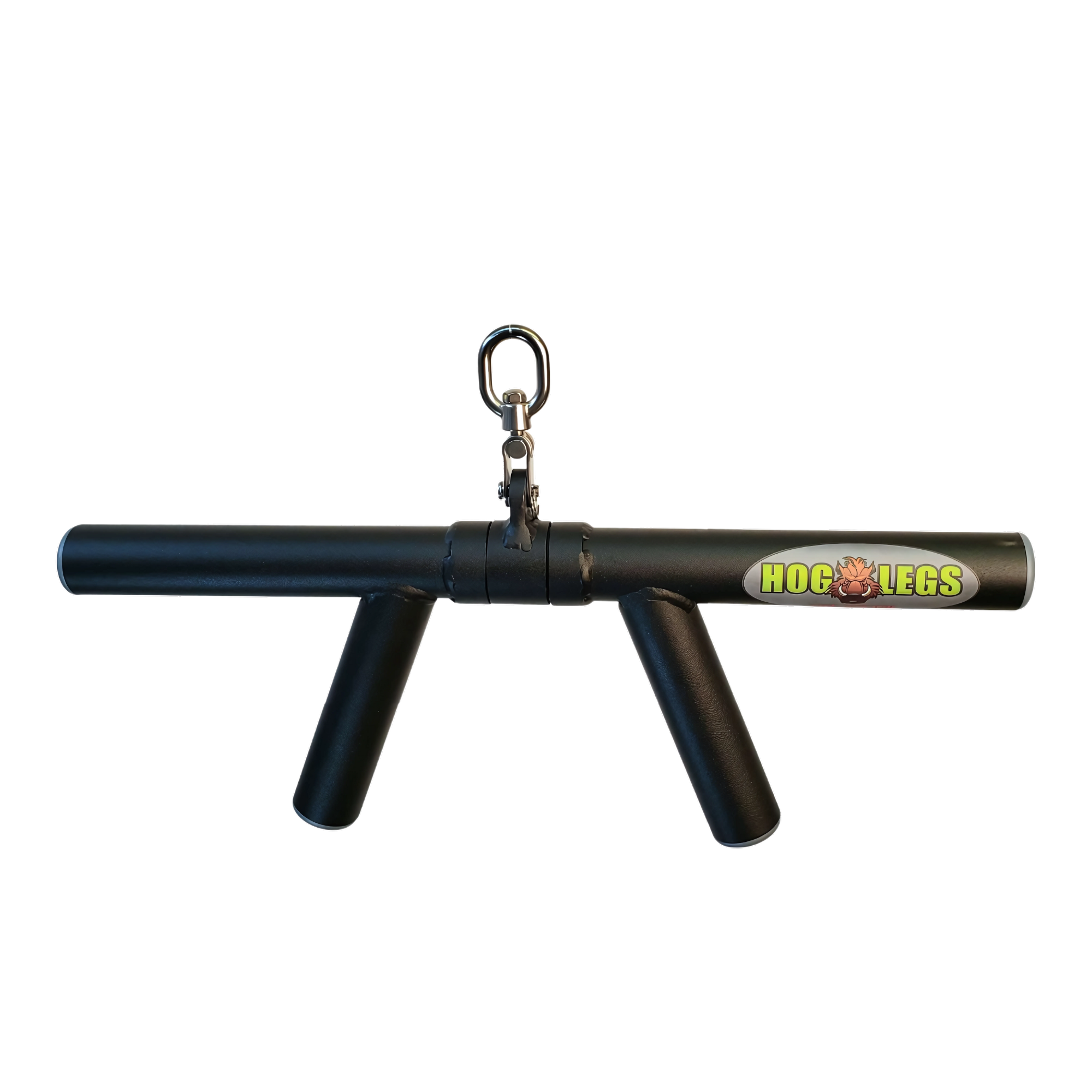 The HOG LEGS 'Boar Tusk' Fat Grip Curling Bar is a black metal handle with two grips and "Hog Legs" logo, designed for cable attachment to build biceps, triceps, and forearms.