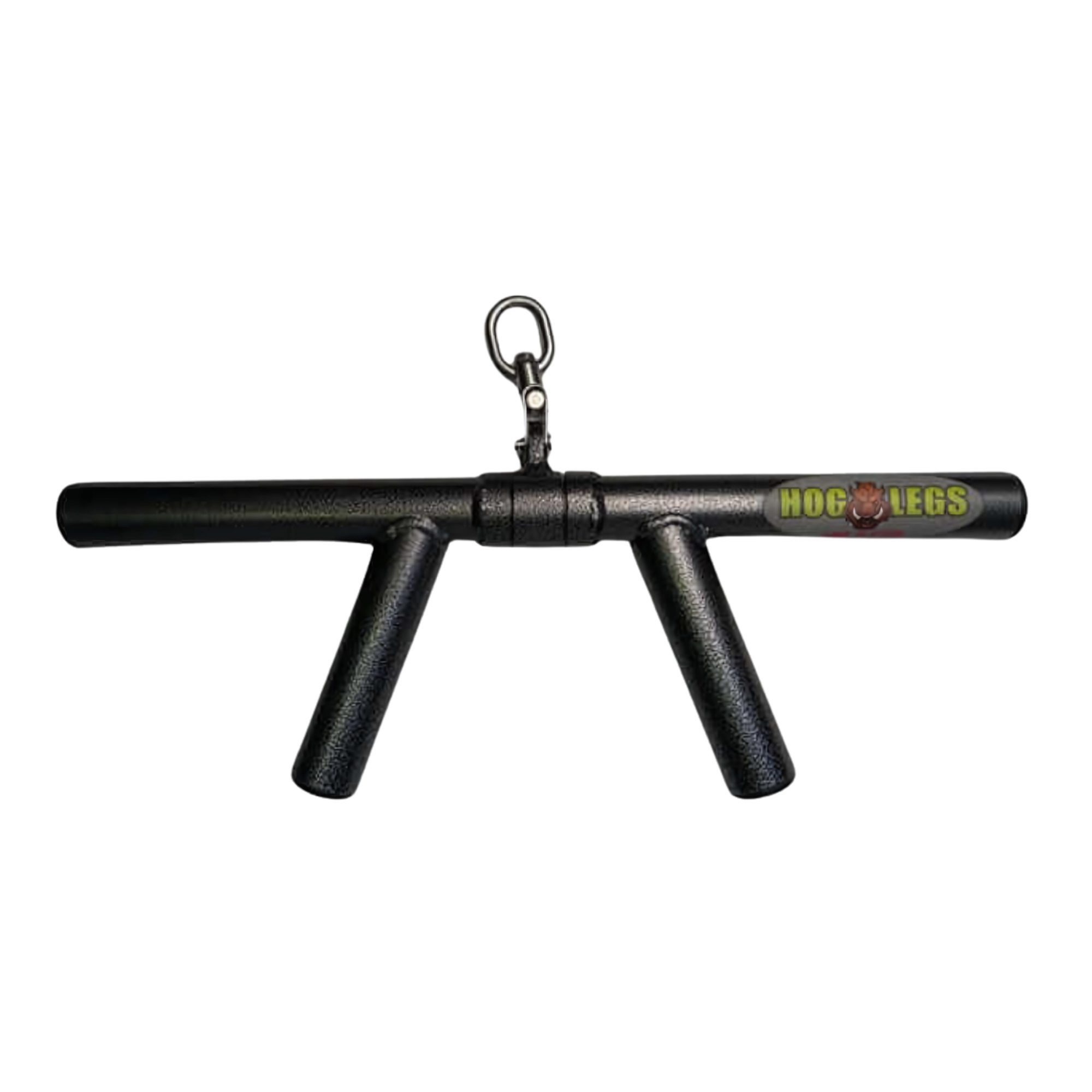 The HOG LEGS 'Boar Tusk' Fat Grip Curling Bar features two angled handles and a central swivel hook, ideal for targeting forearms and triceps during cable exercises.
