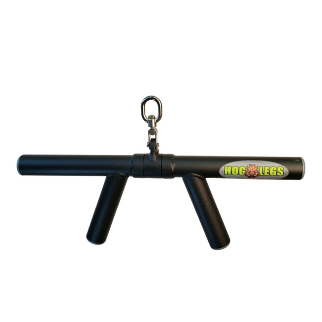 The "Boar Tusk" curling bar by HOG LEGS is perfect for enhancing forearm engagement during triceps cable exercises, featuring a fat grip with two handles and a central hook connection.