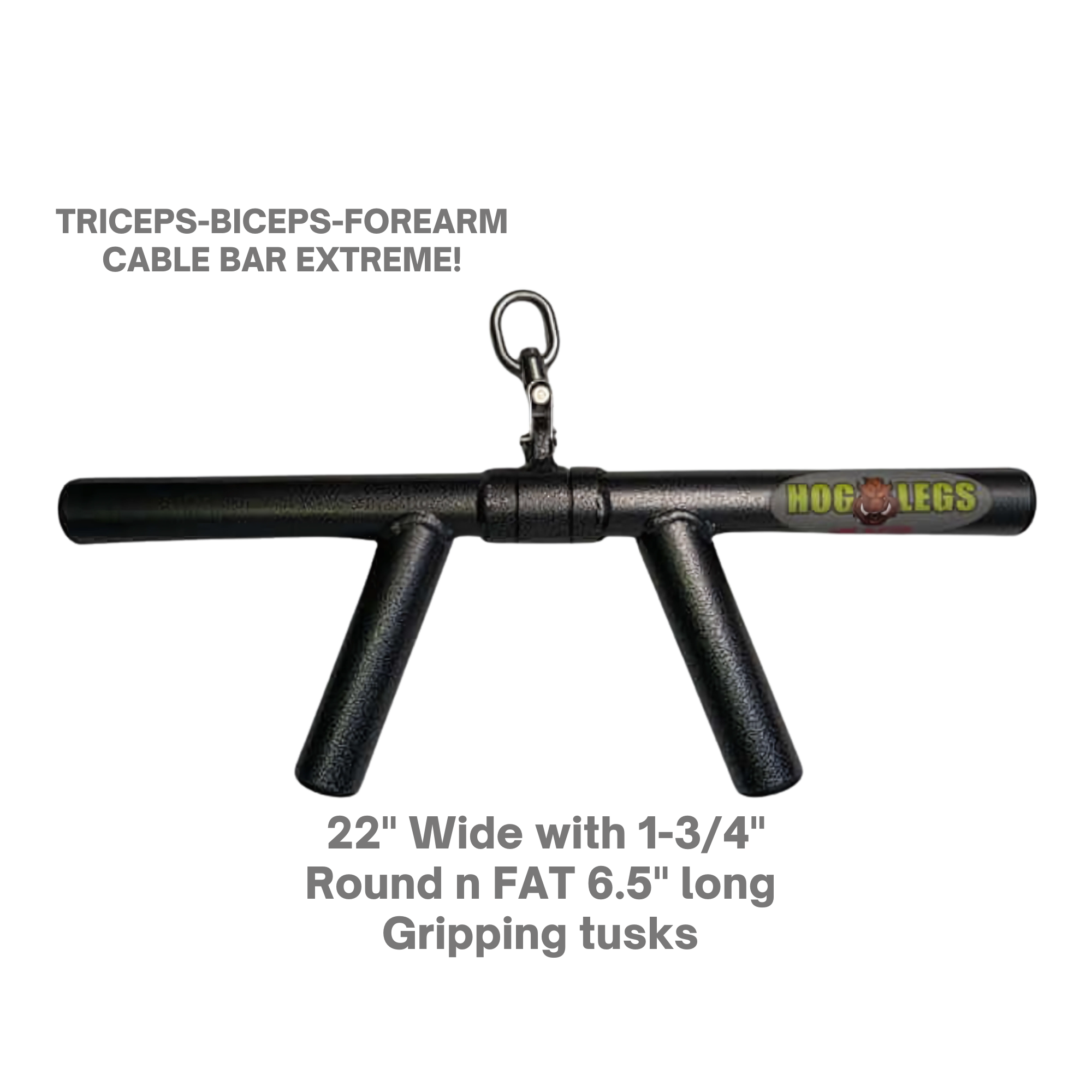The HOG LEGS 'Boar Tusk' Fat Grip Curling Bar features two angled handles and logo, designed for intense triceps cable exercises as well as biceps and forearm workouts.