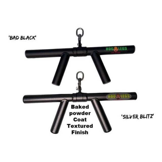 The HOG LEGS 'Boar Tusk' features two black grips, labeled "Bad Black" and "Silver Blitz," ideal for bicep and tricep sculpting. With sleek finishes and a central logo, they offer both style and performance.