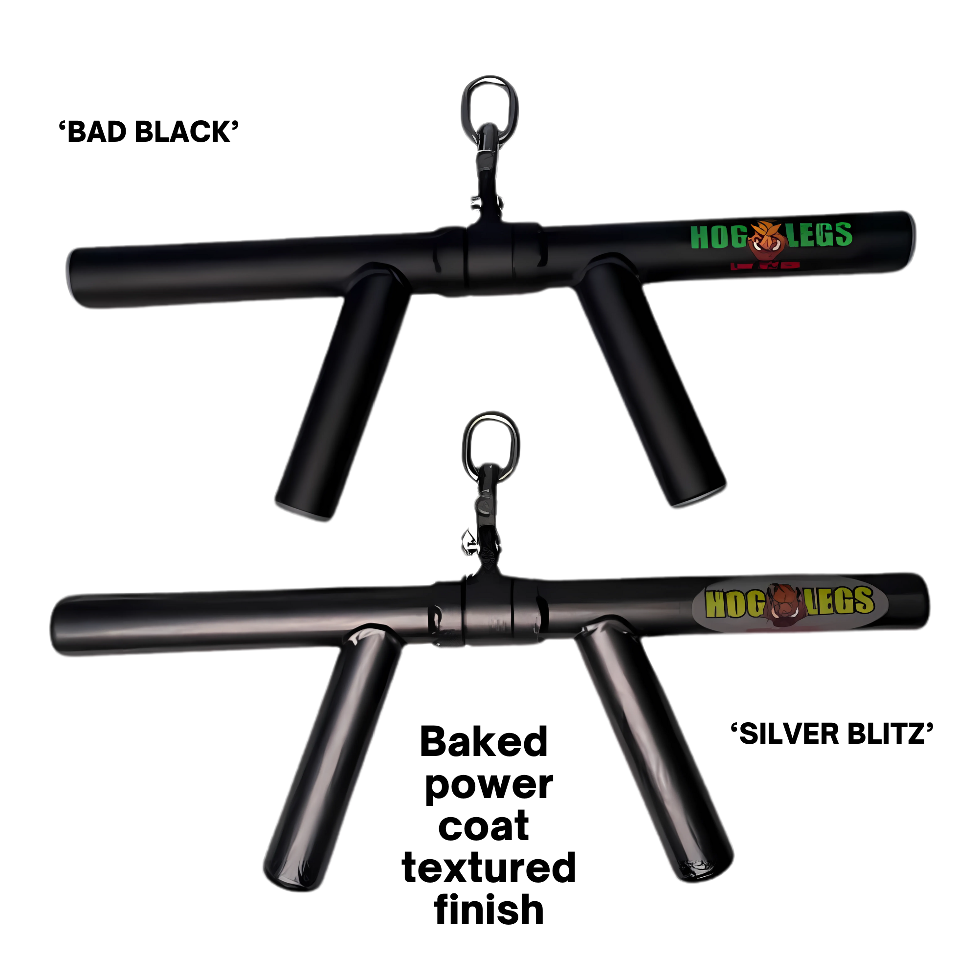 Two black HOG LEGS 'Boar Tusk' Fat Grip Curling Bars for triceps cable exercises, each V-shaped with handles and a metal clip on top, designed to work out your dog's triceps and forearms.