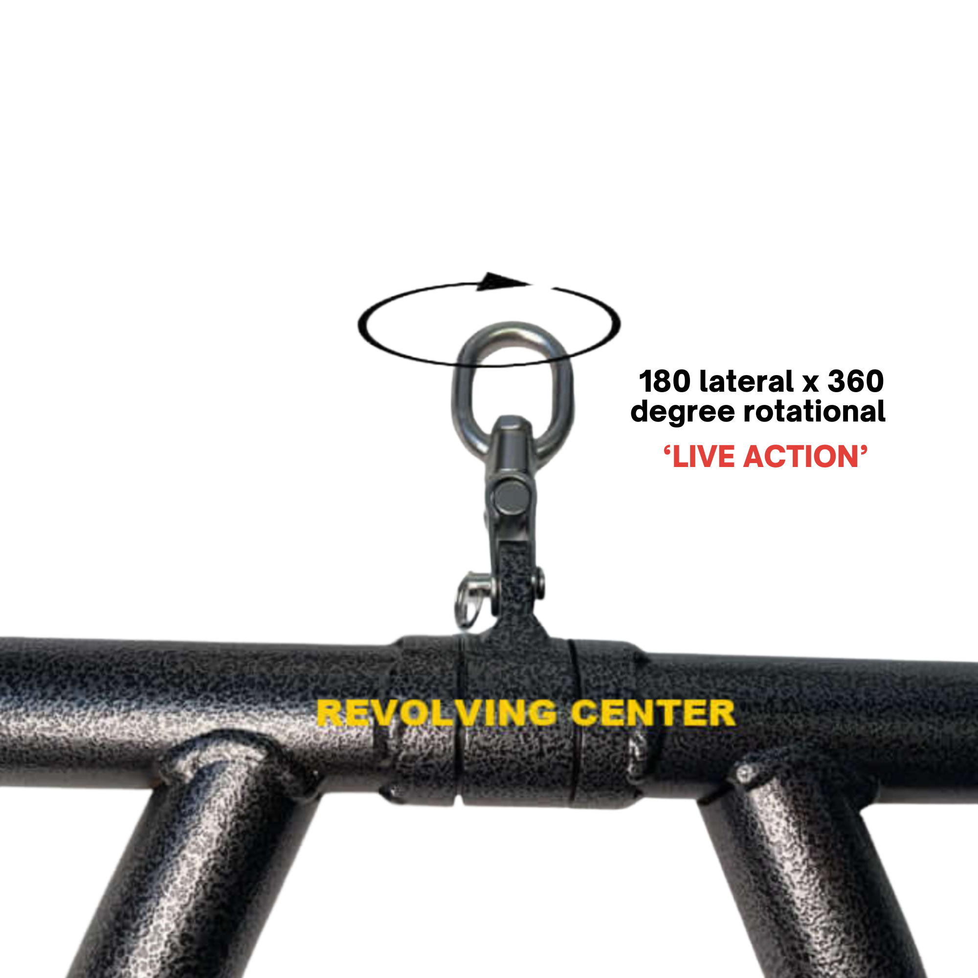Close-up of a metal swivel hook labeled "LIVE ACTION," attached to a HOG LEGS 'Boar Tusk' Fat Grip Curling Bar for Triceps Cable Exercises, designed for targeted triceps and forearms workouts.