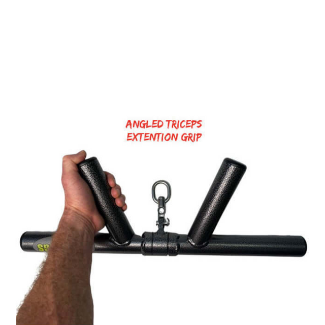The HOG LEGS 'Boar Tusk' Fat Grip Curling Bar, featuring a black angled triceps extension handle and metal attachment ring, enhances workouts targeting both triceps and biceps.