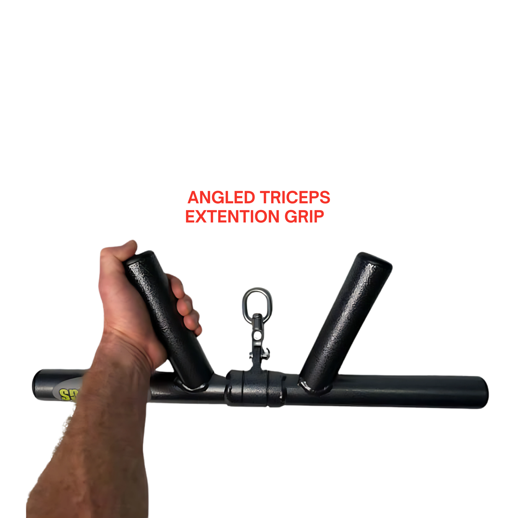 Hand holding the HOG LEGS 'Boar Tusk' Fat Grip Curling Bar for triceps cable exercises with a metal attachment, highlighting effective triceps and forearm training. Text above reads “ANGLED TRICEPS EXTENTION GRIP.”.