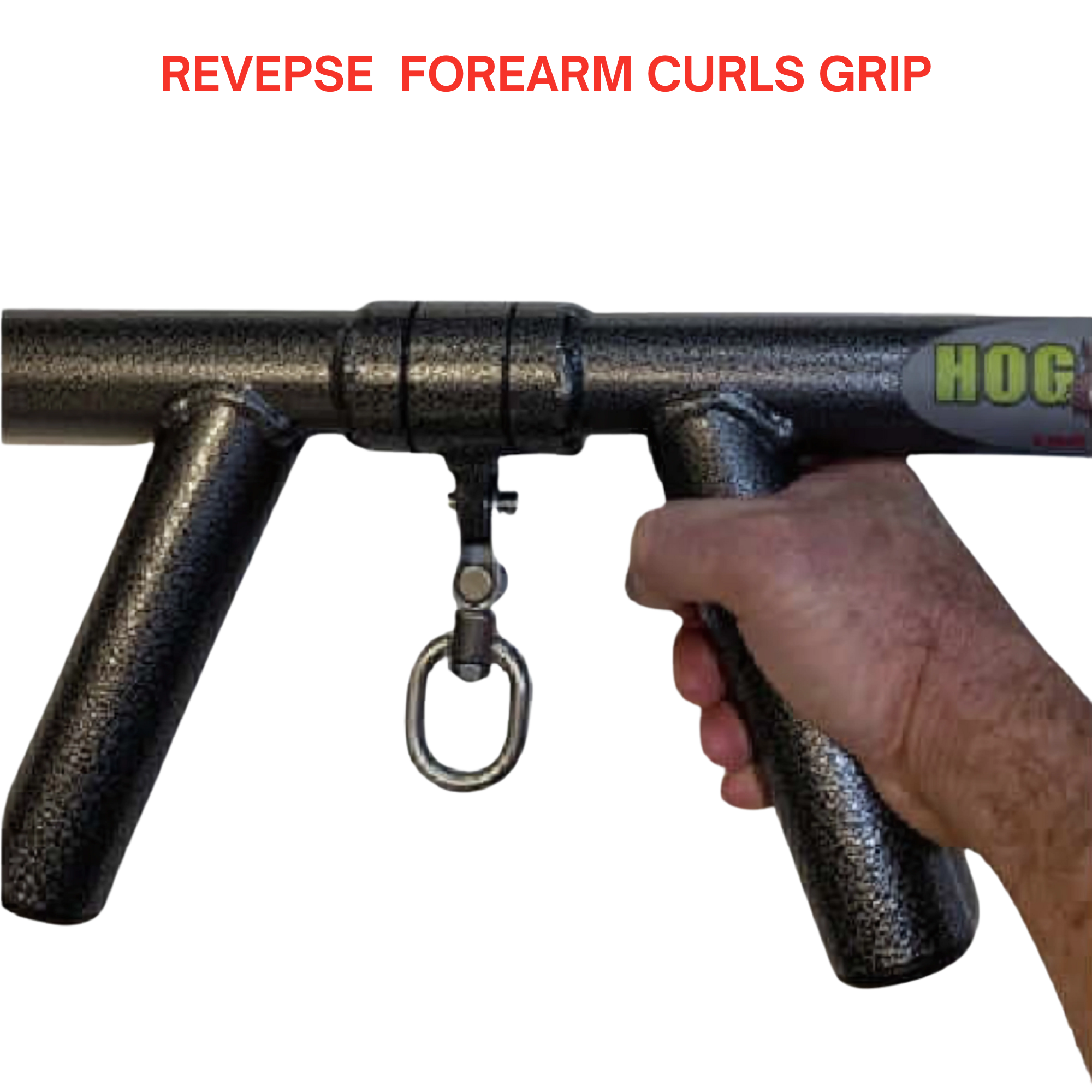 Hand gripping the HOG LEGS 'Boar Tusk' Fat Grip Curling Bar for triceps cable exercises, showcasing forearm and biceps strength against a plain background.