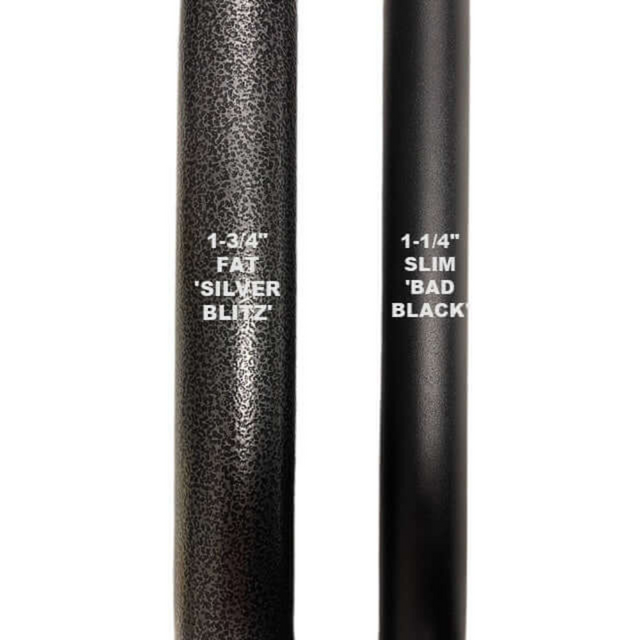 The HOG LEGS Dual Cable Bar Cable Attachments for Gym, featuring the "1-3/4" Fat 'Silver Blitz'" and "1-1/4" Slim 'Bad Black' metal rods, enhance workout versatility and performance by perfectly complementing dual cable resistance machines.