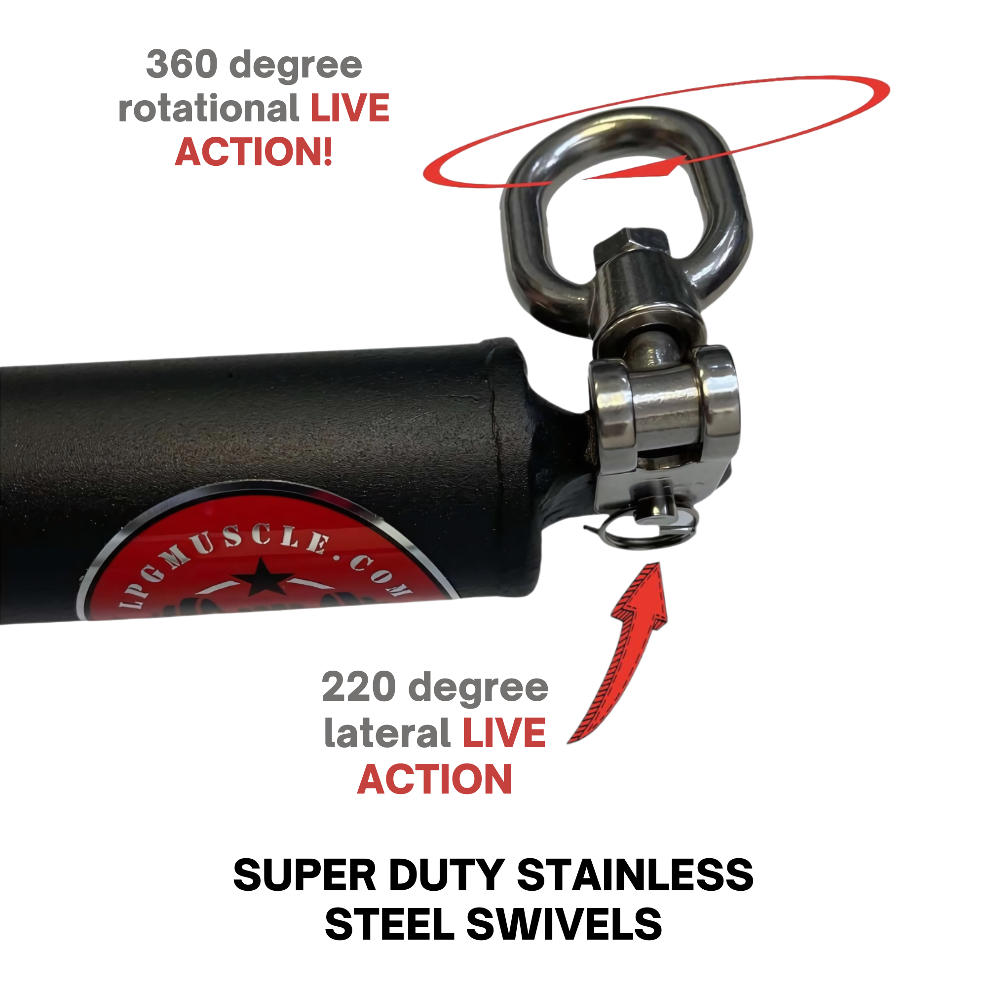 The HOG LEGS Dual Cable Bar Cable Attachments for Gym feature a black handle with metal swivel, offering 360° rotation and 220° lateral movement for cable resistance machines.