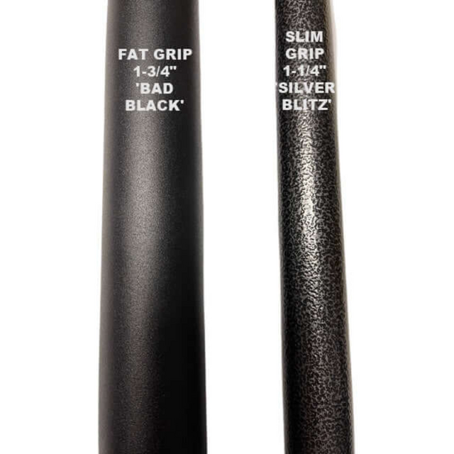 Two baseball bat grips: left is "Fat Grip 1-3/4" Bad Black," right is "Slim Grip 1-1/4" Silver Blitz, each crafted with the precision of HOG LEGS Dual Cable Bar Cable Attachments for enhanced control and style.