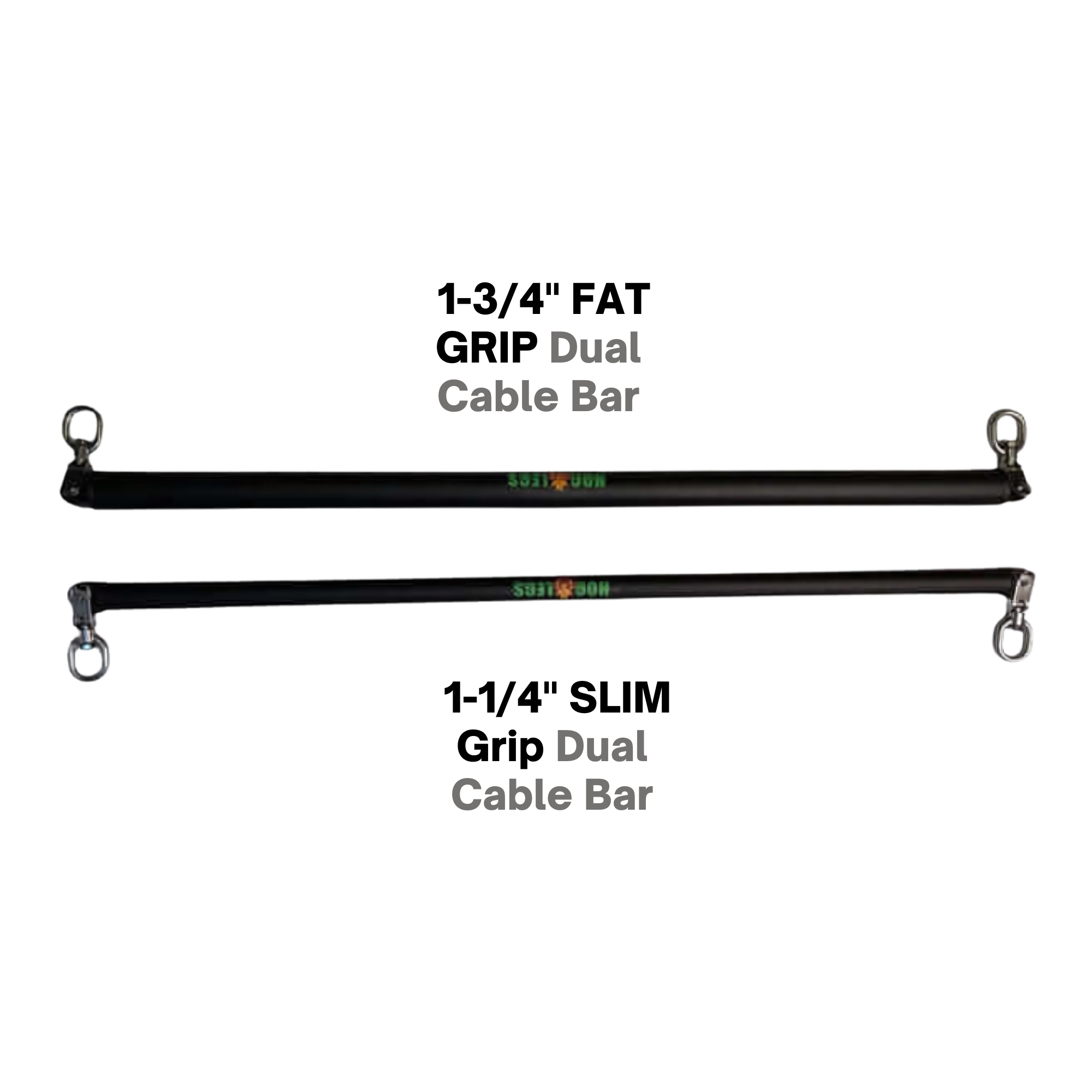 Two black HOG LEGS Dual Cable Bar Cable Attachments for gym, each with metal loops on both ends and "Dual Cable Bar" labeling—ideal for resistance machines and functional trainer workouts.