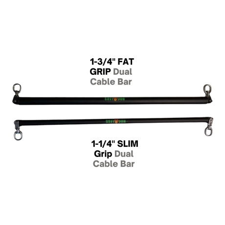 Two black HOG LEGS Dual Cable Bar Cable Attachments for gym, each with metal loops on both ends and "Dual Cable Bar" labeling—ideal for resistance machines and functional trainer workouts.