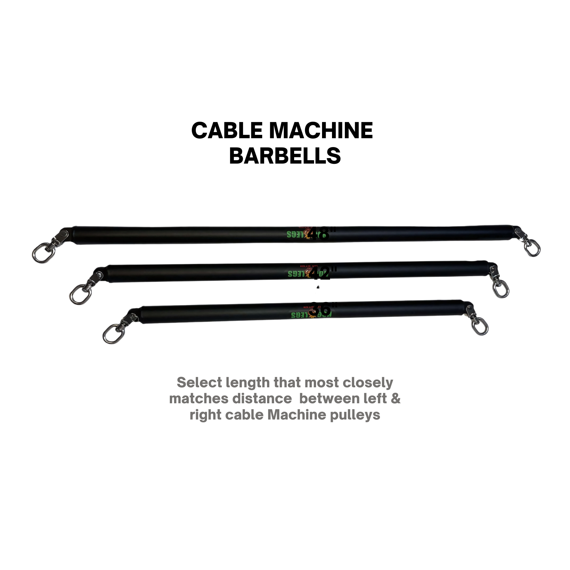 The HOG LEGS Dual Cable Bar Cable Attachments for Gym features three black pulleys of different lengths, each with hooks on both ends and labeled for easy selection, perfect for resistance machines or use as a functional trainer bar.