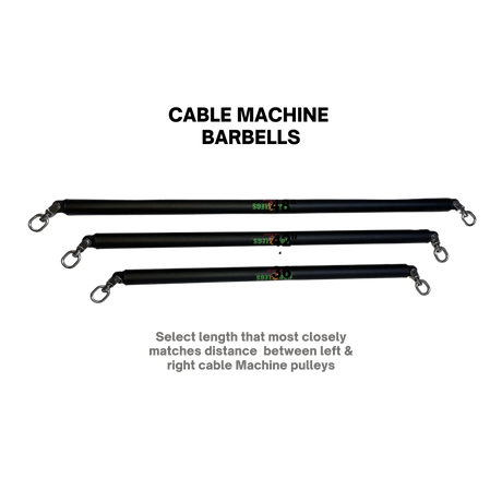 The HOG LEGS Dual Cable Bar Cable Attachments for Gym features three black pulleys of different lengths, each with hooks on both ends and labeled for easy selection, perfect for resistance machines or use as a functional trainer bar.