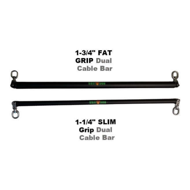 HOG LEGS Dual Cable Bar Cable Attachments for Gym include two black bars—a 1-3/4" fat grip and a 1-1/4" slim grip—with metal end rings, perfect for upgrading your Functional Trainer Bar or cable resistance machine.