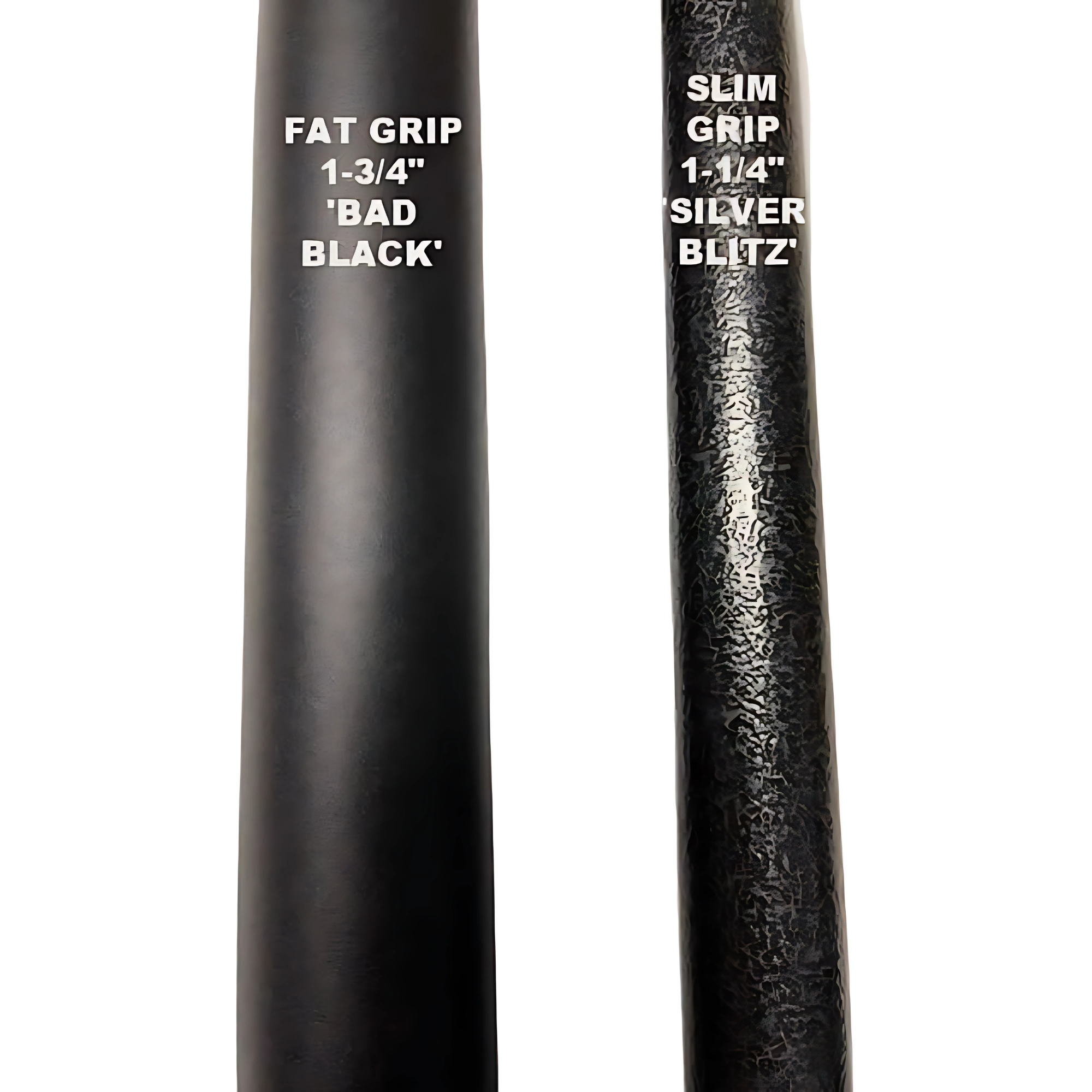 Two HOG LEGS Dual Cable Bar Cable Attachments, labeled "FAT GRIP" and "SLIM GRIP," demonstrate varying thickness and textures, similar to grips on functional trainer bars or resistance machines.