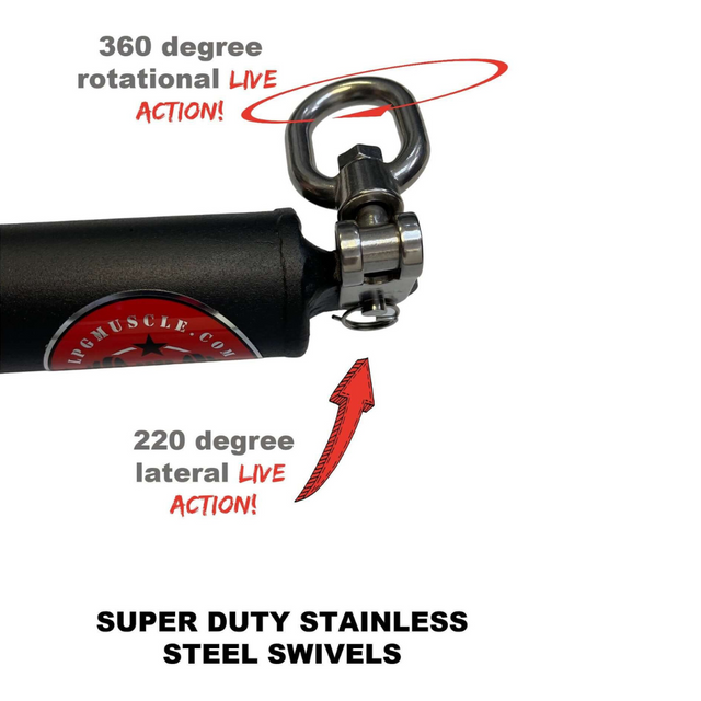 The HOG LEGS Dual Cable Bar Cable Attachments for Gym offer a black handle with stainless steel swivels, providing "360-degree rotational" and "220-degree lateral" movements. Perfect for Dual Cable Resistance Machines, it enhances workout versatility.