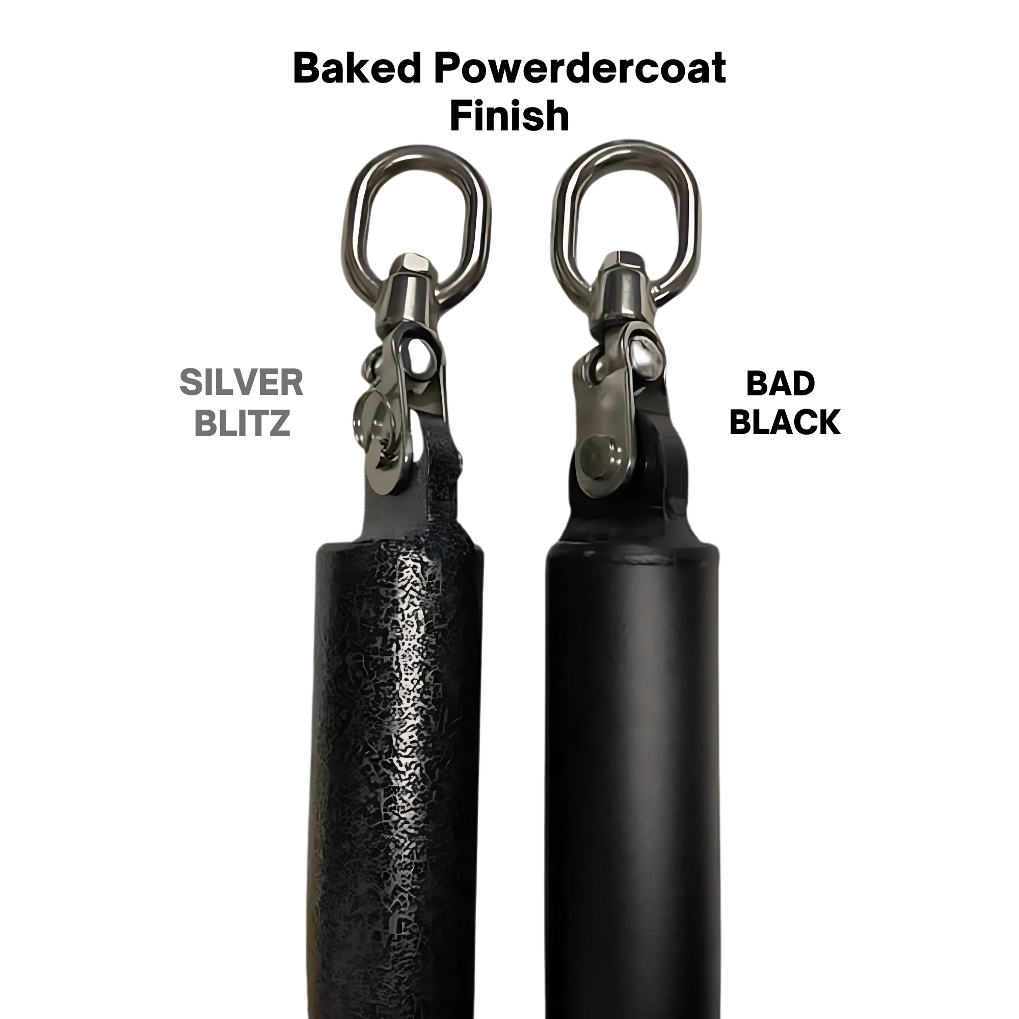 The HOG LEGS Dual Cable Bar features two handles with metal swivels—one textured, one smooth—both labeled "SILVER BLITZ," ideal as versatile cable attachments or additions to resistance machines for enhanced gym training.