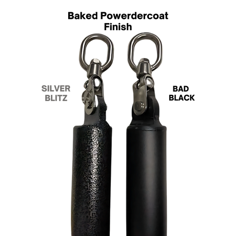 The HOG LEGS Dual Cable Bar features two handles with metal swivels—one textured, one smooth—both labeled "SILVER BLITZ," ideal as versatile cable attachments or additions to resistance machines for enhanced gym training.