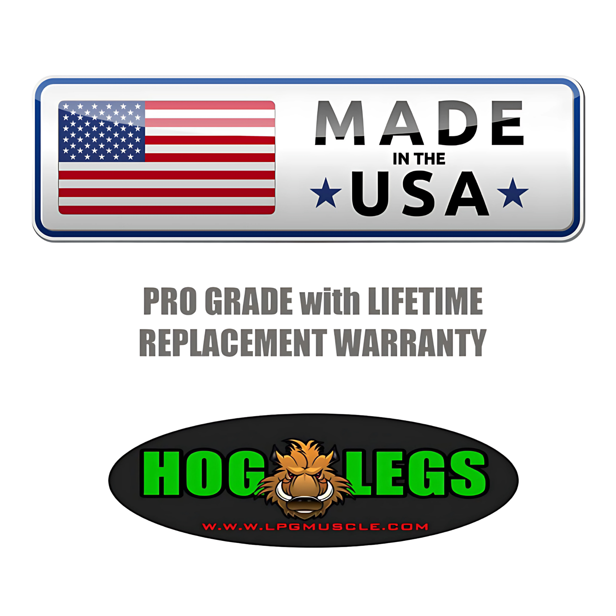 Made in the USA sign, warranty text, and HOG LEGS logo with boar face highlight our HOG LEGS Dual Cable Bar Cable Attachments for Gym—ideal for Resistance Machines. Includes website link.