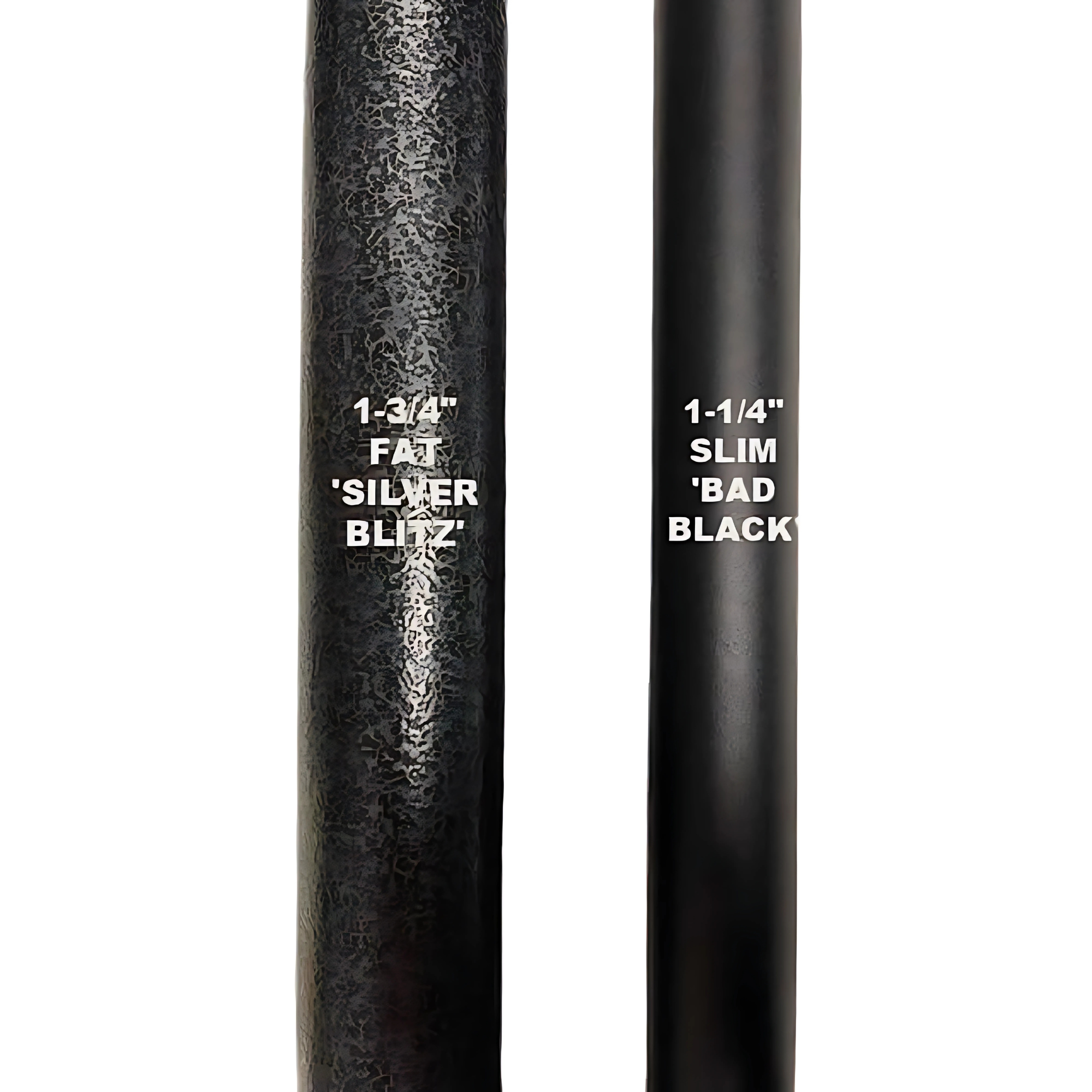 The HOG LEGS Dual Cable Bar Cable Attachments for Gym include black cylindrical grips labeled "1-3/4” FAT SILVER BLITZ" and "1-1/4” SLIM BAD BLACK," perfect for upgrading your Functional Trainer Bar resistance machine setup.