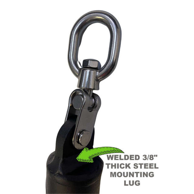 Steel mounting lug with swivel hook and a green arrow pointing to text: "Welded 3/8" thick steel mounting lug." Ideal for integrating HOG LEGS Dual Cable Bar Cable Attachments for Gym into your setup.