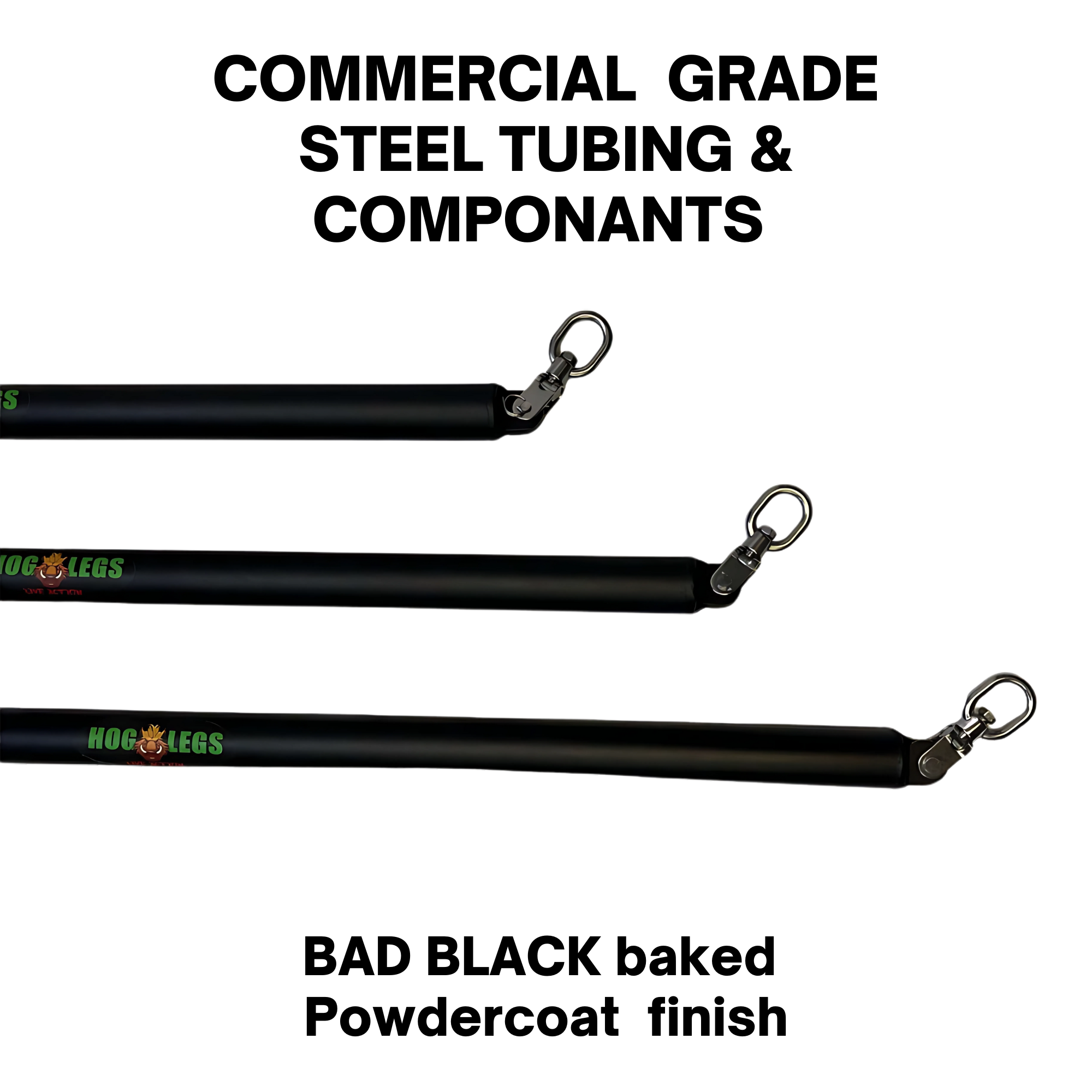 The HOG LEGS Dual Cable Bar Cable Attachments for Gym are three black metal rods with end hooks and "Hog Legs" in green and yellow—ideal as a functional trainer bar or dual pulley barbell attachment.