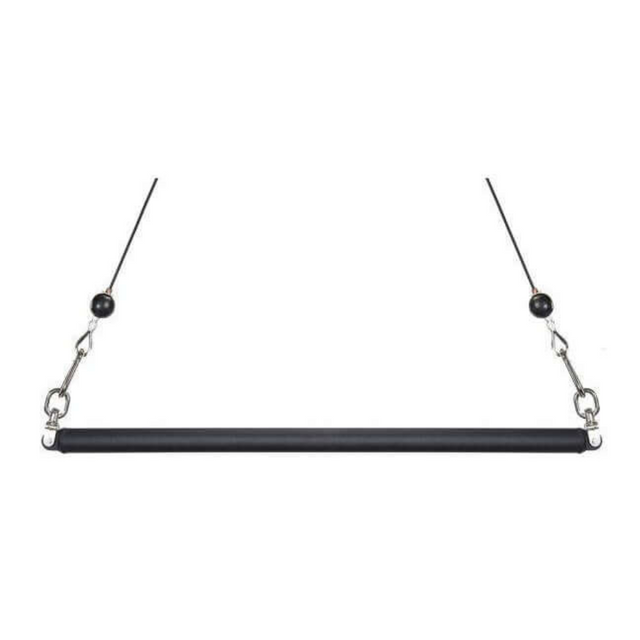 A sleek black trapeze bar with ropes and metal hooks, suspended in mid-air on a white background, embodies the precision and versatility of HOG LEGS Dual Cable Bar Cable Attachments for Gym.