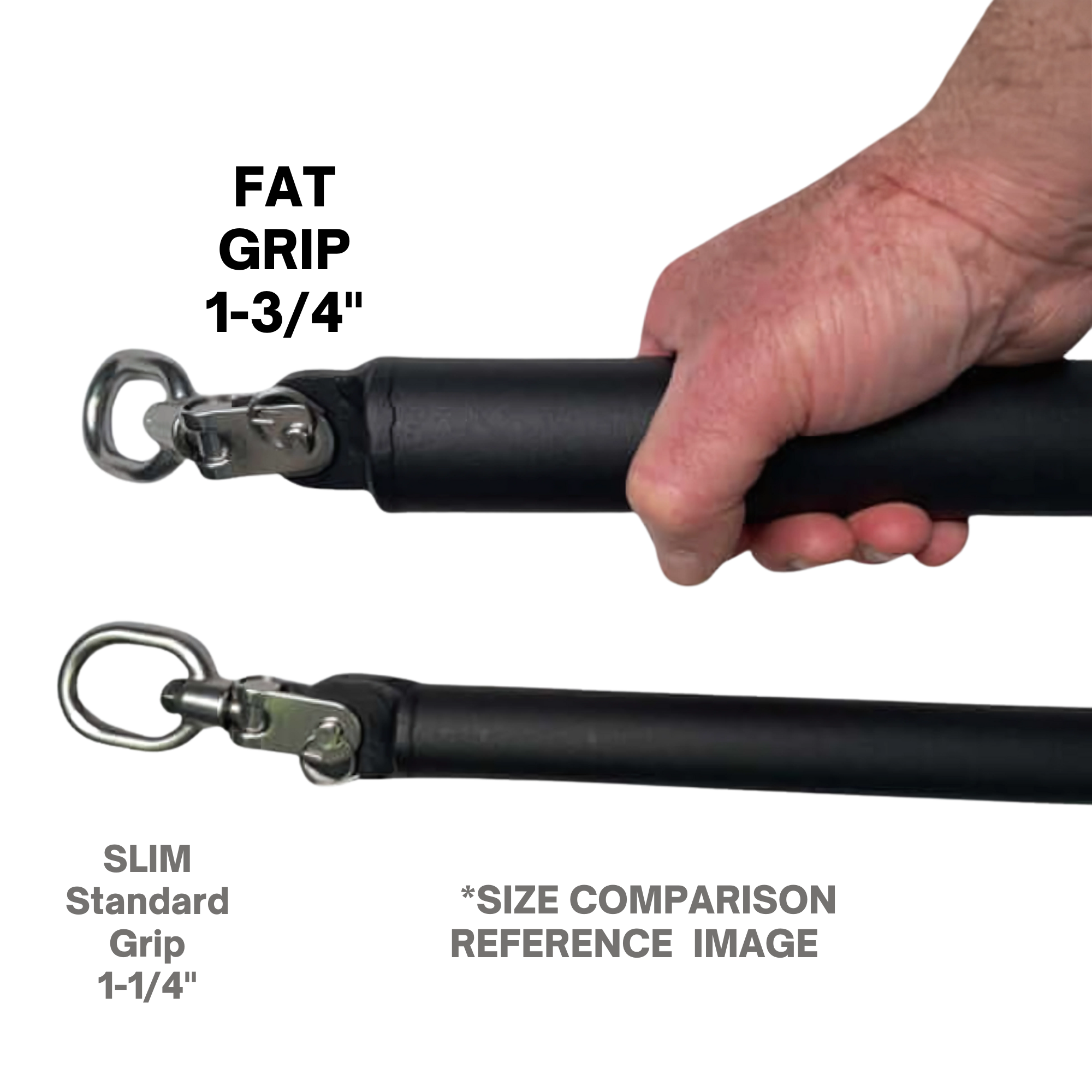 A hand grips a HOG LEGS Dual Cable Bar Cable Attachment in black with metal loops; below, a standard bar offers size comparison—perfect for cable resistance machines.