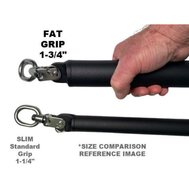 A hand grasps the HOG LEGS Dual Cable Bar's fat grip handle next to a slimmer standard one, both equipped with hooks.