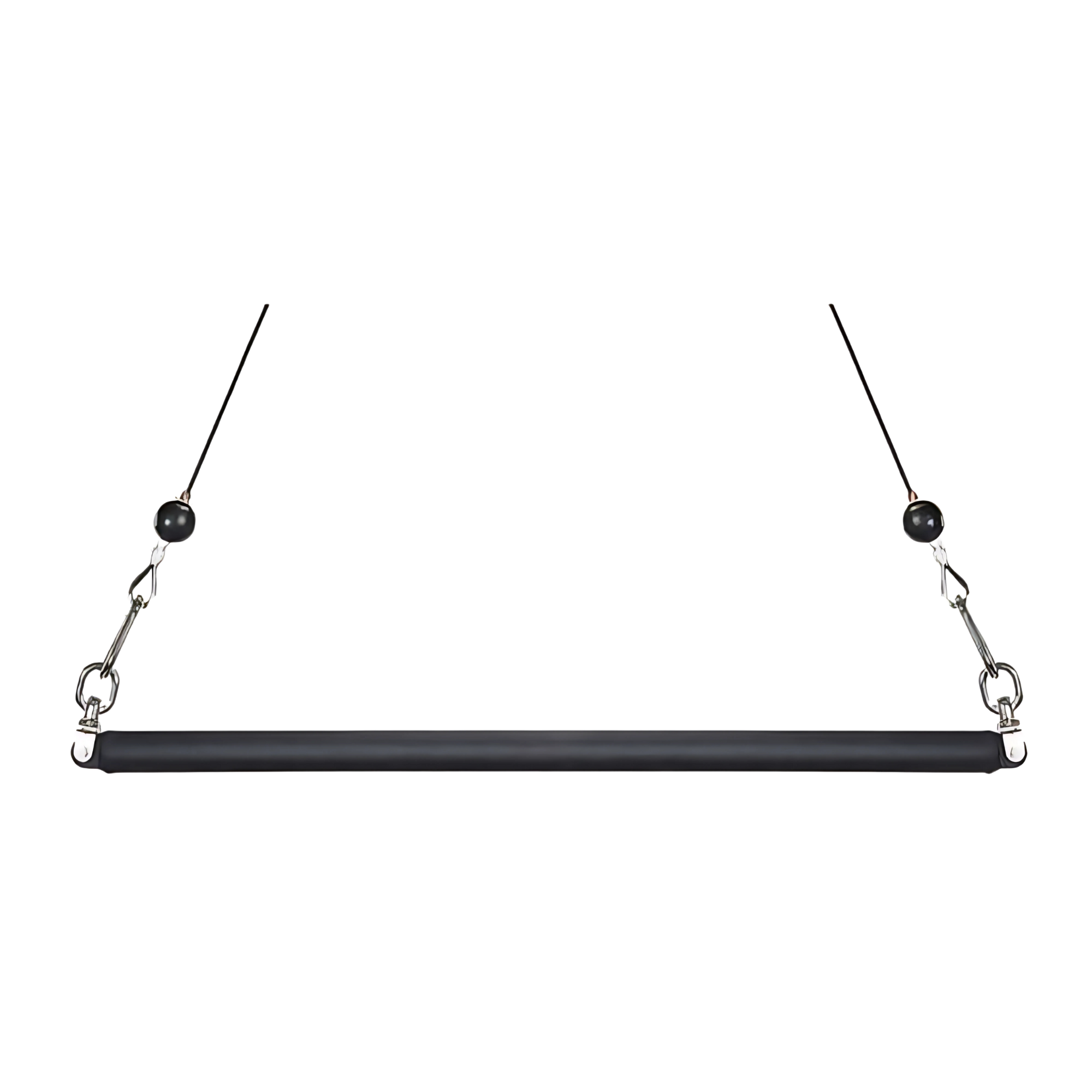 The HOG LEGS Dual Cable Bar Cable Attachments for Gym is a black horizontal trainer bar suspended by two cables with metal hooks at each end.