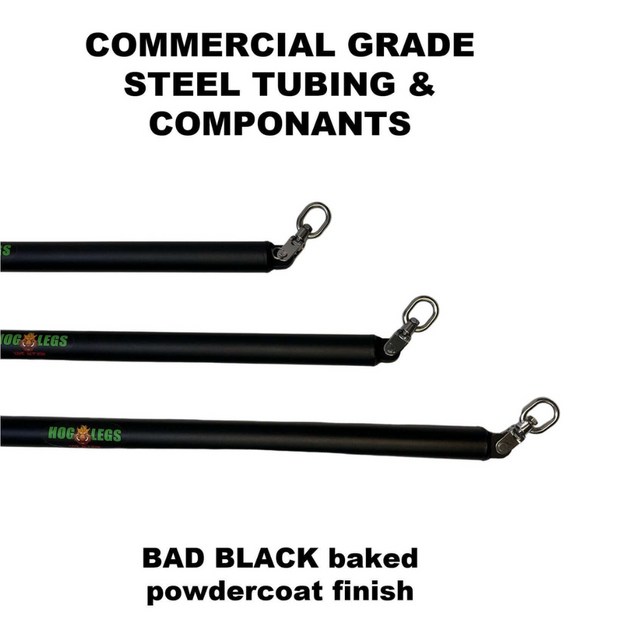 The image features three steel tubes with hooks labeled "HOG LEGS Dual Cable Bar Cable Attachments for Gym" against a white backdrop. The text reads "Commercial Grade Steel Tubing," highlighting its suitability for dual cable resistance machines or functional trainer bars.
