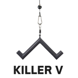 Black V-shaped handle suspended by a metal clip, ideal for forearm and bicep workouts. Features bold "KILLER V" text below the handle. A perfect addition to your HOG LEGS 'Feral Hog' Arm Workouts with Cables Bar set!.