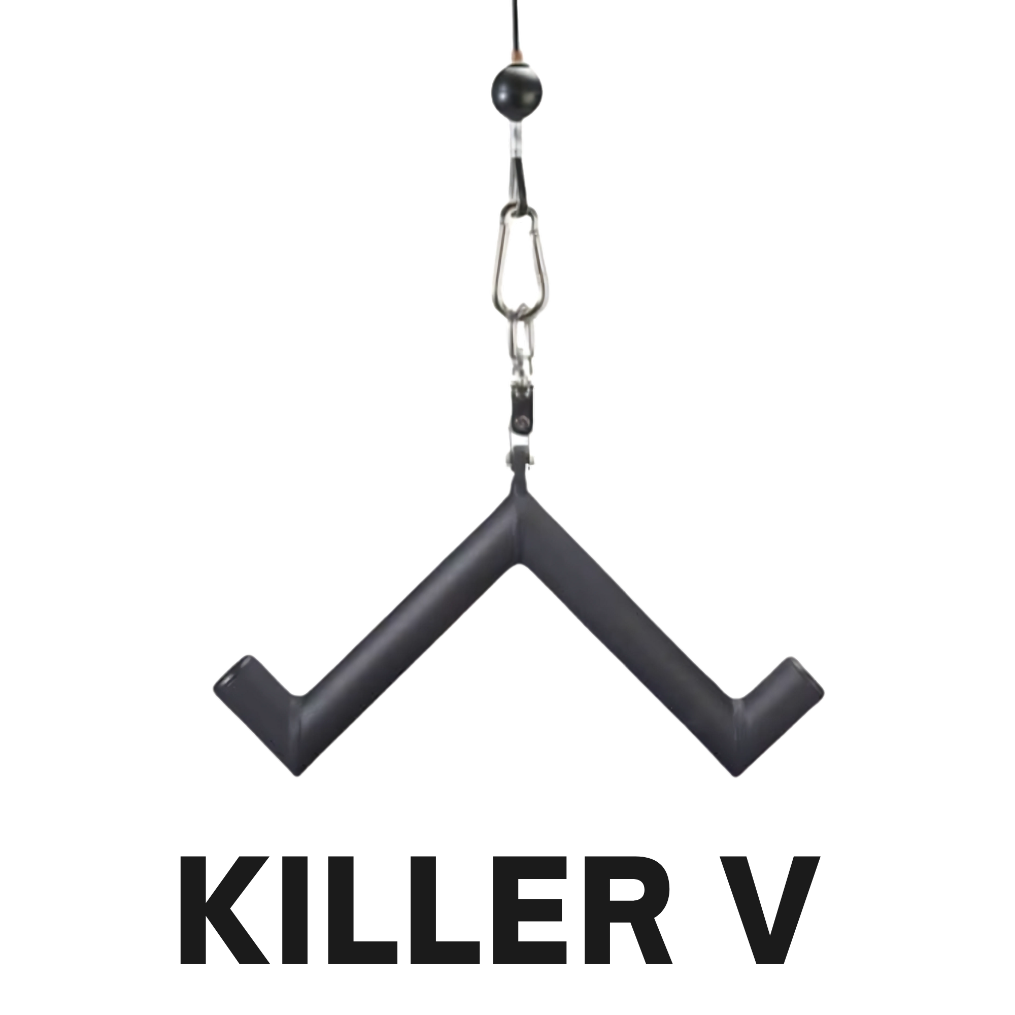 Black V-shaped handle suspended by a metal clip, ideal for forearm and bicep workouts. Features bold "KILLER V" text below the handle. A perfect addition to your HOG LEGS 'Feral Hog' Arm Workouts with Cables Bar set!.