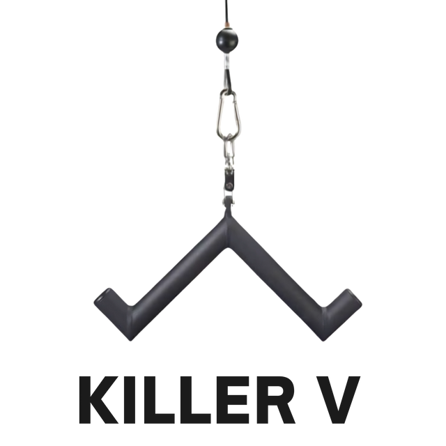 Black V-shaped handle suspended by a metal clip, ideal for forearm and bicep workouts. Features bold "KILLER V" text below the handle. A perfect addition to your HOG LEGS 'Feral Hog' Arm Workouts with Cables Bar set!.