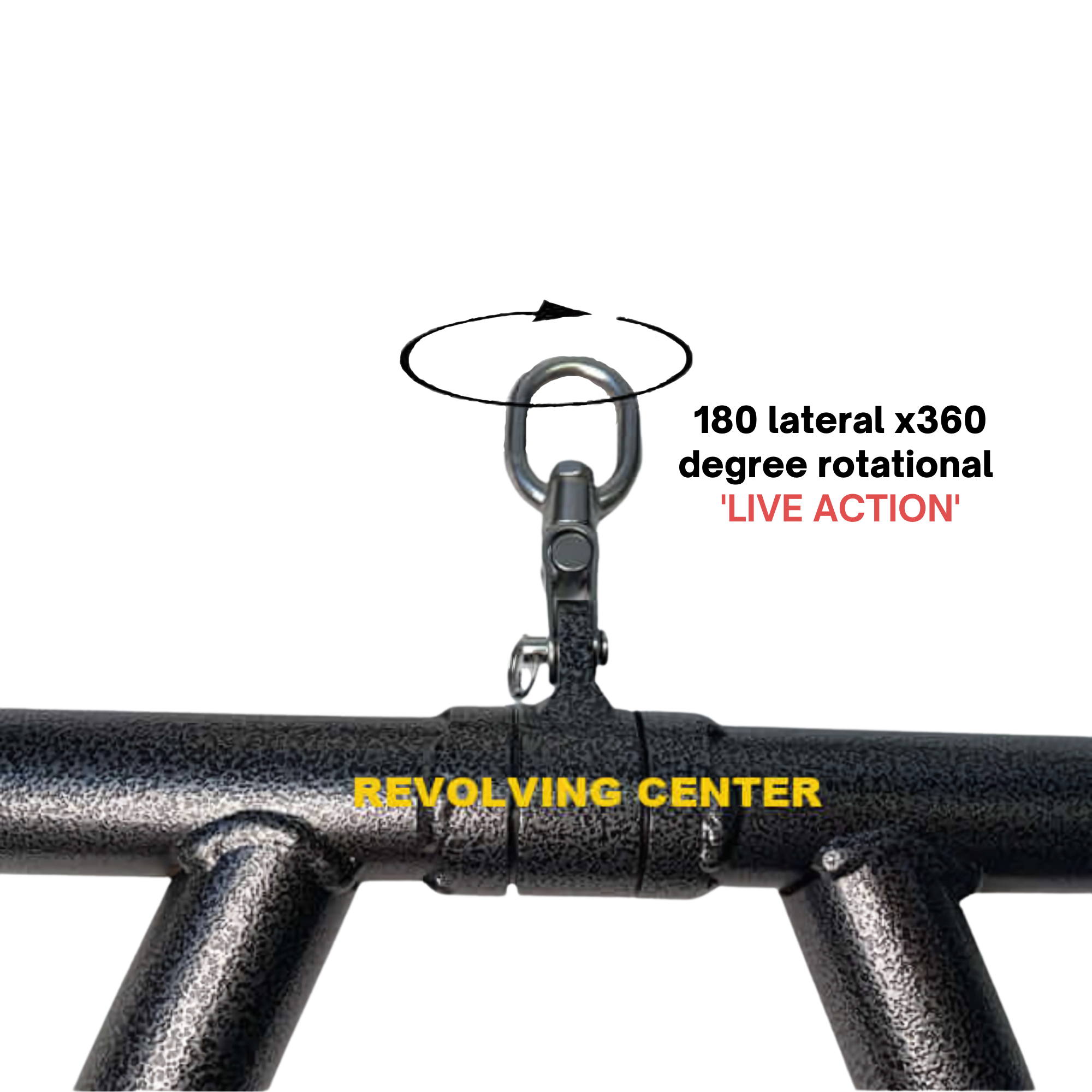 Close-up of a metal swivel hook labeled "LIVE ACTION" and "REVOLVING CENTER" on a black bar from the HOG LEGS 'Feral Hog' Arm Workouts with Cables Bar set—perfect for fat cable bars to boost forearm and biceps training.