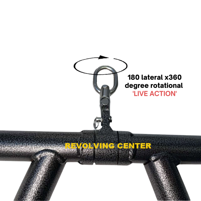 Close-up of a metal swivel hook labeled "LIVE ACTION" and "REVOLVING CENTER" on a black bar from the HOG LEGS 'Feral Hog' Arm Workouts with Cables Bar set—perfect for fat cable bars to boost forearm and biceps training.