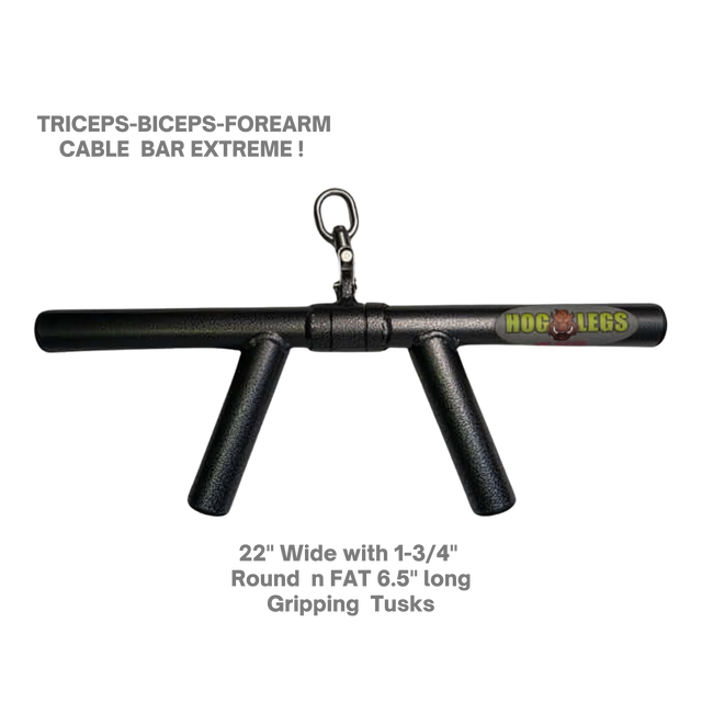 The HOG LEGS 'Feral Hog' Arm Workouts with Cables Bar set features a black fat cable bar with two angled handles and metal clip, perfect for targeting triceps, biceps, and forearms during intense training sessions.