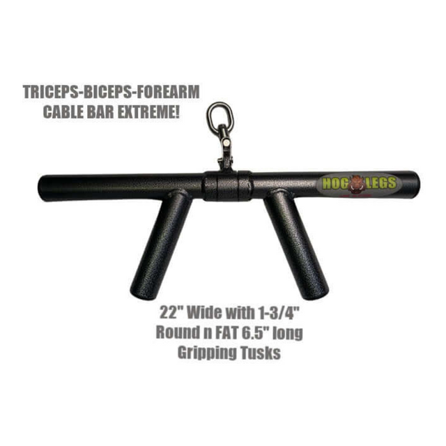 The HOG LEGS 'Feral Hog' bar is a black, commercial-grade cable bar with 22" wide grips and 6.5" handles, perfect for targeting forearms, biceps, and triceps for a robust workout experience.