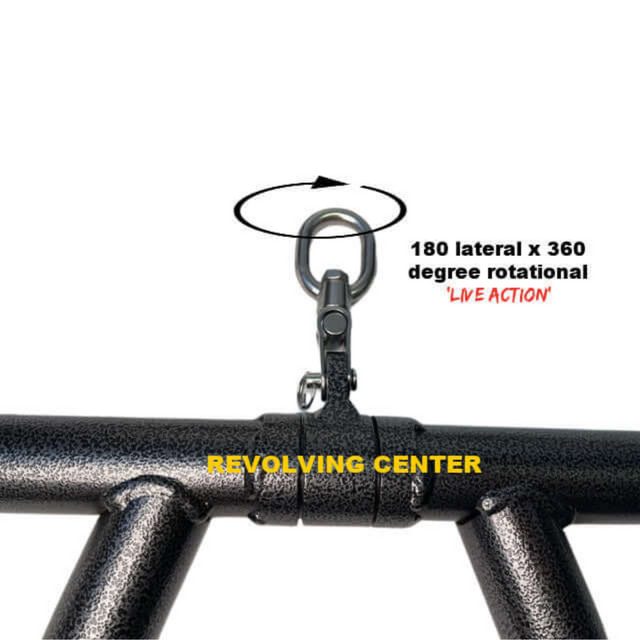 The commercial-grade metallic swivel hook with 180-degree lateral and 360-degree rotation on the HOG LEGS 'Feral Hog' Arm Workouts with Cables Bar set, featuring "Revolving Center" text, enhances arm workouts by targeting forearms, biceps, and triceps with precision and durability.
