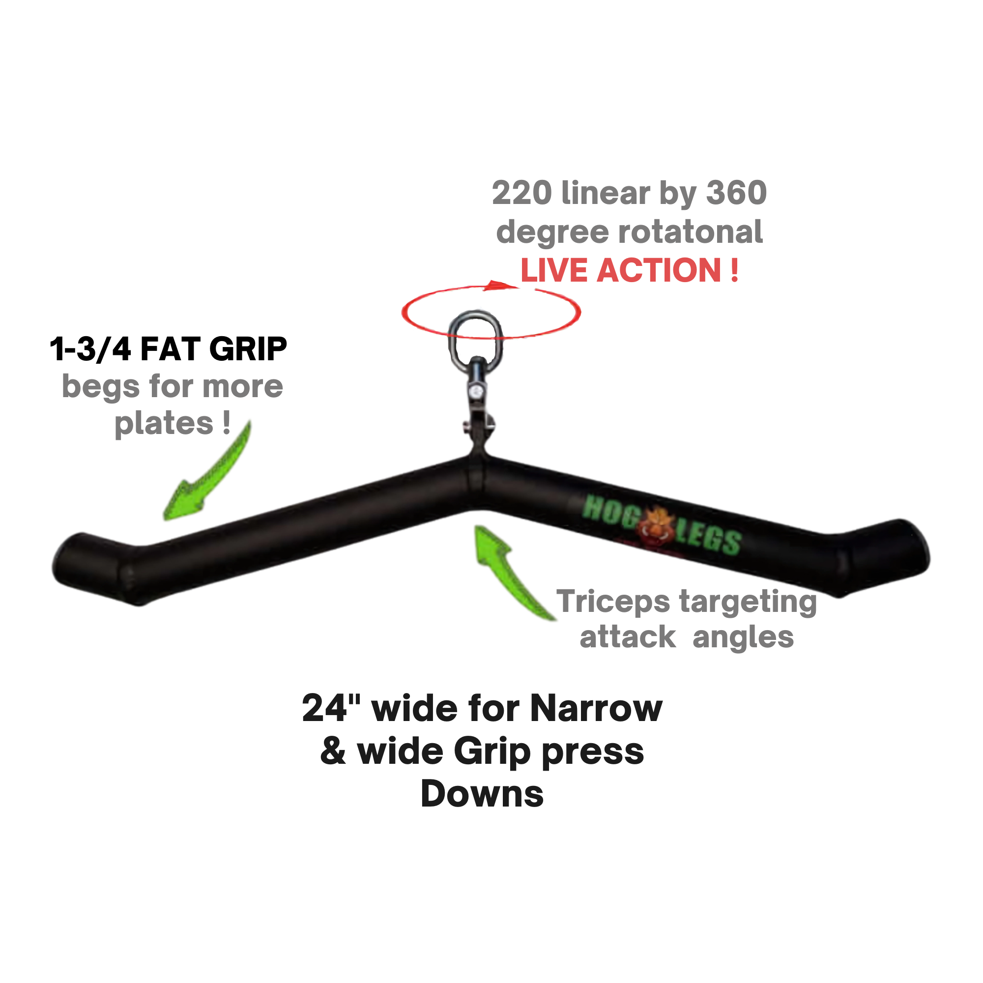 The HOG LEGS 'Feral Hog' Arm Workouts with Cables Bar set features a black fat cable bar with rotating attachment for triceps and grip press, built tough for intense workouts and backed by a Lifetime Warranty. Black background.